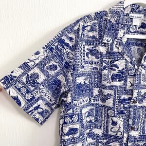 VTG Made in Hawaii Mens Hawaiian Aloha Shirt XL Blue Quilt Pattern Fish Canoe
